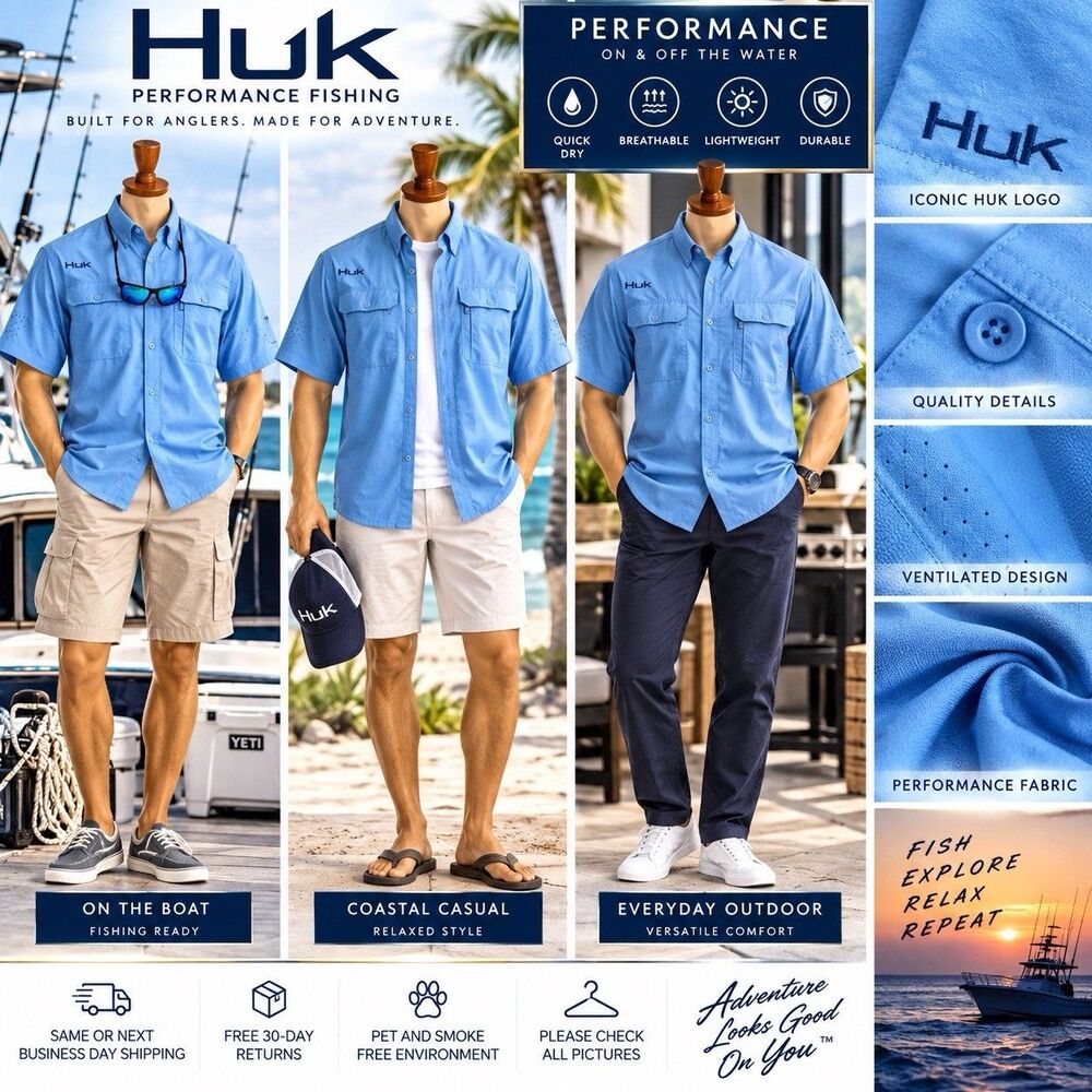 Huk Mens Fishing Shirt XL Blue Vented Short Sleeve Button Up Performance Angler